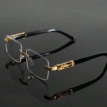Men's Euro-American Style Cross-Border Leopard Accent Rimless Edge-Cut Sunglasses - Premium Business Wood-Grain Metal Square Frame